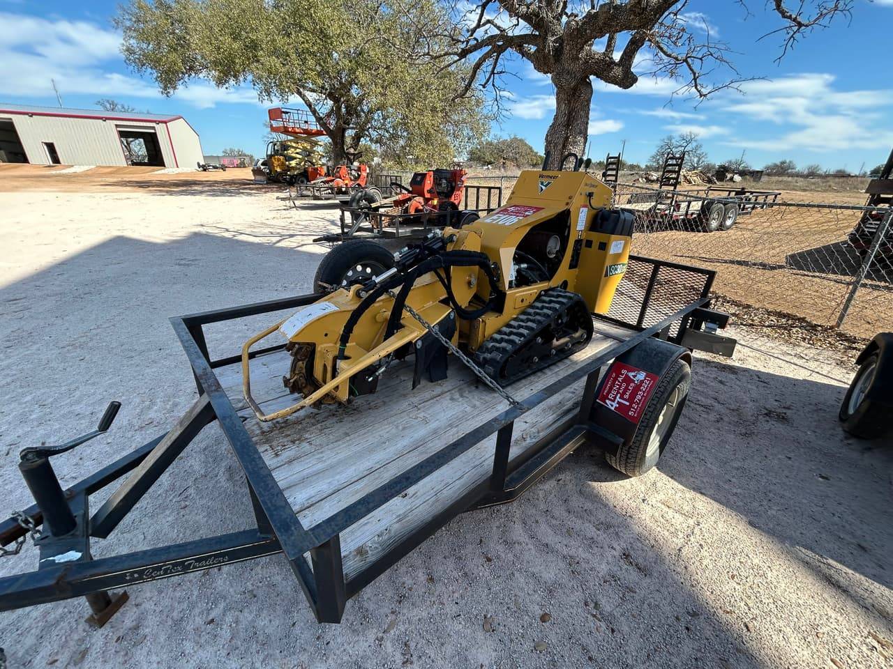 Vermeer SC30 track stump grinder loaded on a trailer at the 4-T Rental & Sales yard in Buchanan Dam, TX